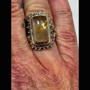 90s OOAK Oval Rutilated Lemon Yellow Quartz Sterling Silver Ring Bali Boho 5.5